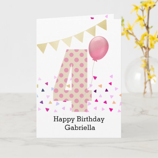 Confetti Pink Polka Dot 4e verjaardag Kaart (Gele Bloem)