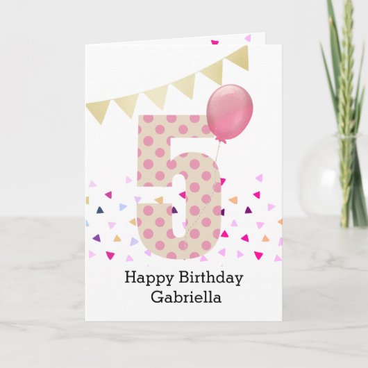 Confetti Pink Polka Dot 5th Birthday Kaart (Voorkant)