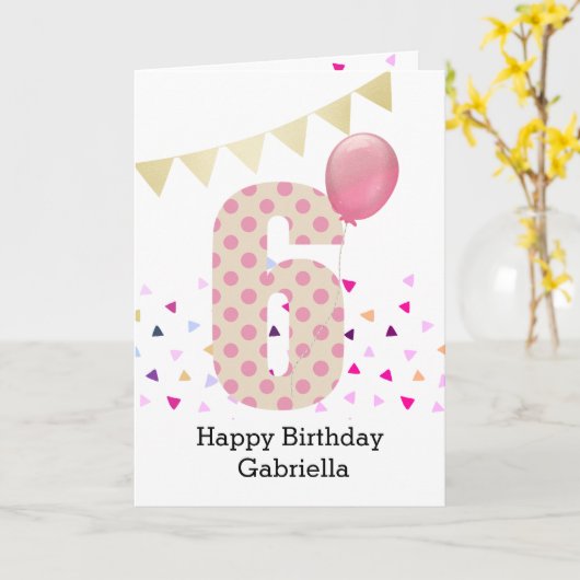 Confetti Pink Polka Dot 6th Birthday Kaart (Gele Bloem)