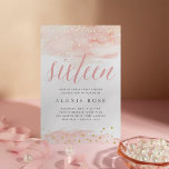 Confetti Pop Blush & Gold | Sweet Sixteen Birthday Folie Uitnodiging<br><div class="desc">Roze en grijze mooie zestienuitnodigingen in wazige roze en roze wasachtige waterverf bovenaan en onderaan met gouden folie confetti en "zestien" in roze waterverf kalligrafie. Geef je object een persoonlijk tintje met de details van je 16-jarige verjaardag hieronder in elegant grijs.</div>