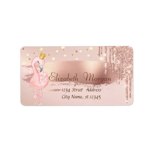 Confetti, Roos Gold druppels Flamingo Crown Etiket (Voorkant)