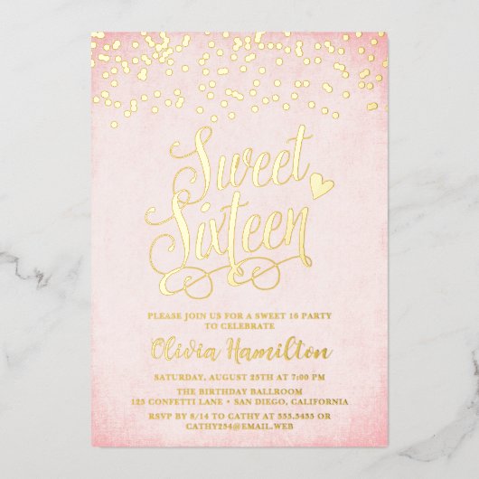 Confetti Roze & Gold Sweet 16-partij Folie Uitnodiging (Voorkant)