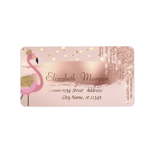 Confetti, Roze Goud Druppel Kwaststreek Vlammend Etiket (Voorkant)