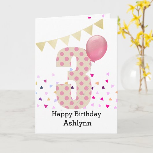 Confetti roze polka dot 3e verjaardag kaart (Gele Bloem)