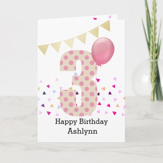 Confetti Roze Stippen 3e Verjaardag Kaart (Voorkant)