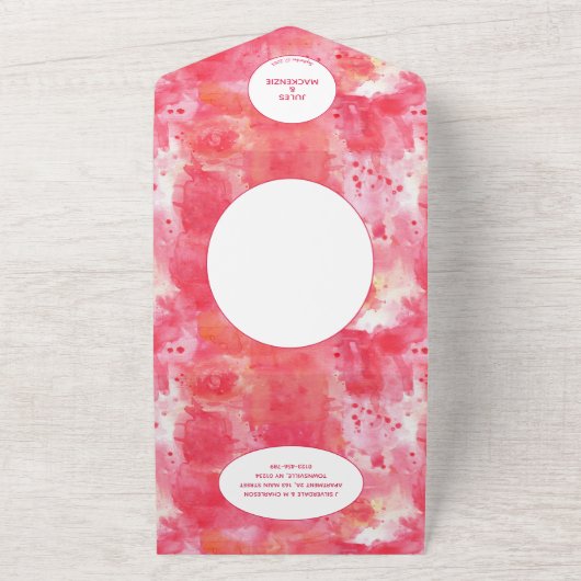 Confetti roze Waterverf Abstracte Moderne bruiloft All In One Uitnodiging (Buitenkant)