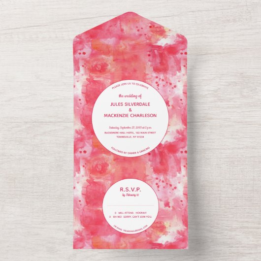 Confetti roze Waterverf Abstracte Moderne bruiloft All In One Uitnodiging (Binnen)