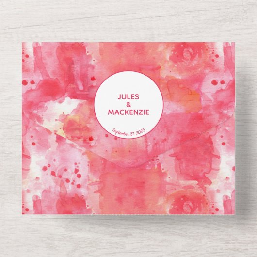 Confetti roze Waterverf Abstracte Moderne bruiloft All In One Uitnodiging (Achterkant)