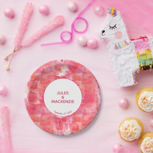 Confetti roze Waterverf Abstracte Moderne bruiloft Papieren Bordje (Feest)