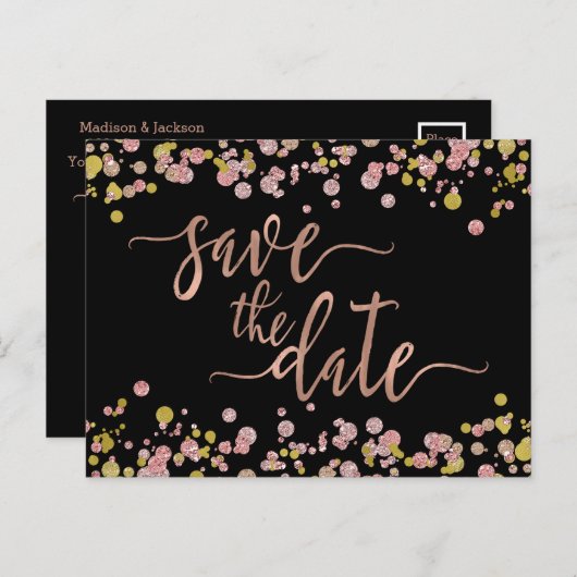 Confetti Sparkle Roos Gouden Bruiloft Save the Dat Aankondigingskaart (Voorkant / Achterkant)