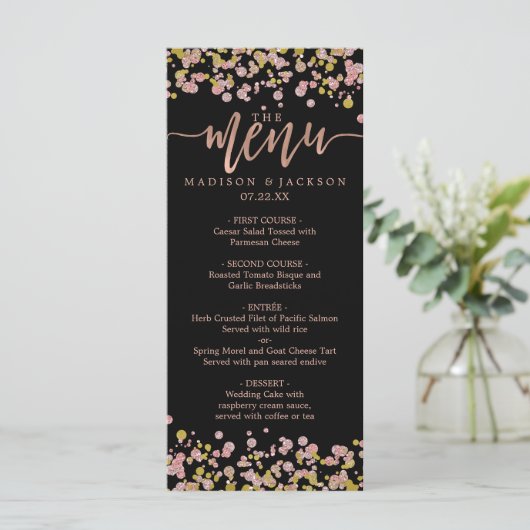 Confetti Sparkle Shine Roos Gold Wedding Menu (Staand voorkant)