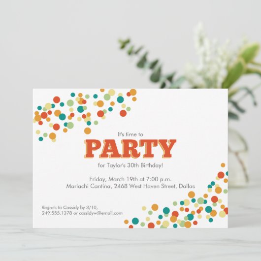Confetti Sprinkle Party Invitation in Oranje Kaart (Staand voorkant)
