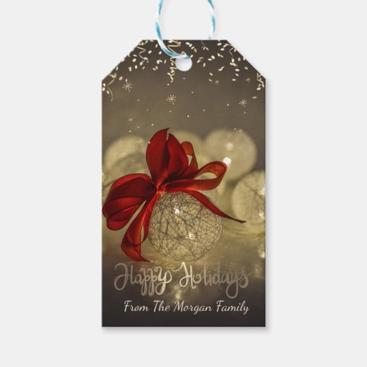 Confetti,Sterren,Ballen,Rode Strik,Helaas Feestdag Cadeaulabel (Voorkant)