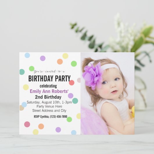 Confetti Stippen Aangepaste Foto Verjaardagsfeest Kaart (Staand voorkant)
