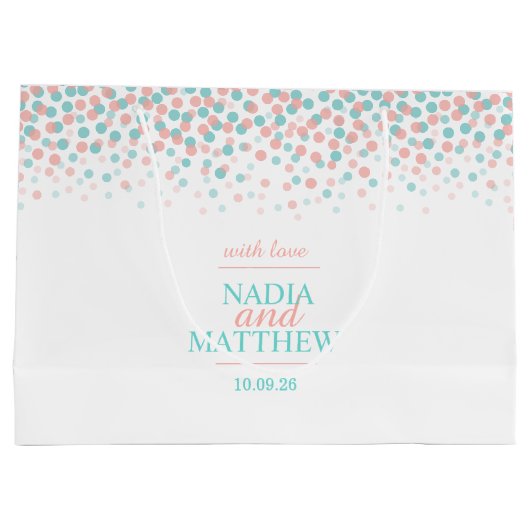 Confetti stippen blauwgroen koraal oranje taartzak large cadeautasje (Achterkant)