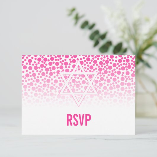 Confetti Stippen Hot Pink Bat Mitzvah RSVP Kaartje (Staand voorkant)