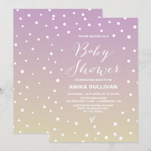 Confetti Stippen | Lila uitnodiging van het Baby s (Voorkant / Achterkant)