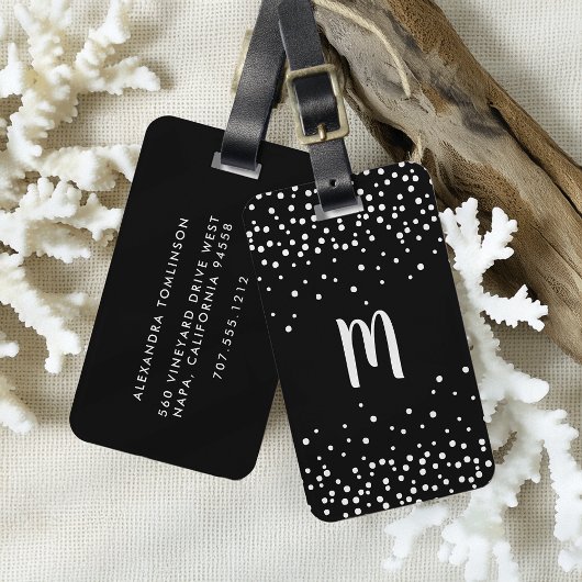 Confetti Stippen monogram Bagagelabel | Zwart & Wi