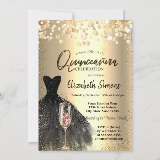 Confetti-Stippen, zwart-damesglas Quinceañera Kaart (Voorkant)
