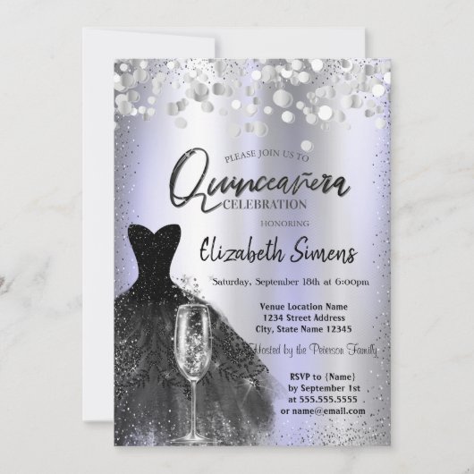 Confetti Stippen, zwart jurk glas Violet Quinceañe Kaart (Voorkant)