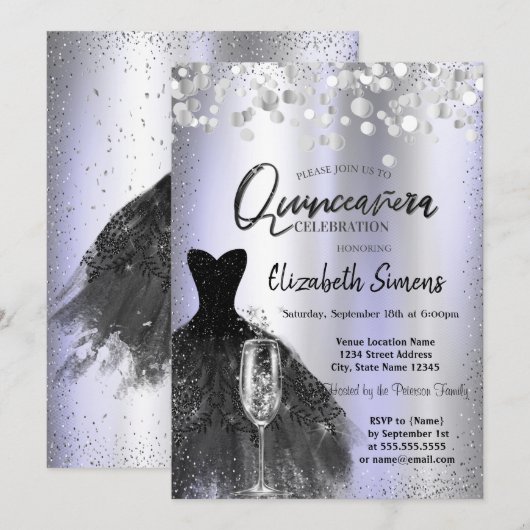 Confetti Stippen, zwart jurk glas Violet Quinceañe Kaart (Voorkant / Achterkant)