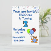 Confetti, Teddy Bear, Balloons Boys 2e verjaardag Kaart (Staand voorkant)