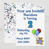 Confetti, Teddy Bear, Balloons Boys 2e verjaardag Kaart (Voorkant / Achterkant)