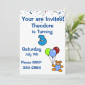 Confetti, Teddy Bear, Balloons Boys 3rd Birthday Kaart (Staand voorkant)