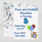 Confetti, Teddy Bear, Balloons Boys 3rd Birthday Kaart (Voorkant / Achterkant)