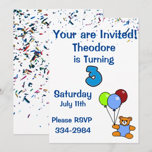 Confetti, Teddy Bear, Balloons Boys 3rd Birthday Kaart (Voorkant / Achterkant)