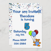Confetti, Teddy Bear, Balloons Boys 5th Birthday Kaart (Voorkant / Achterkant)
