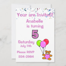 Confetti, Teddy Bear, Balloons Girl's 5e verjaarda