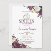 Confetti Tiara Burgundy Flowers Sweet 16 Party Kaart (Voorkant)