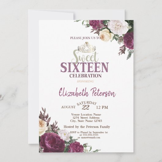 Confetti Tiara Burgundy Flowers Sweet 16 Party Kaart (Voorkant)