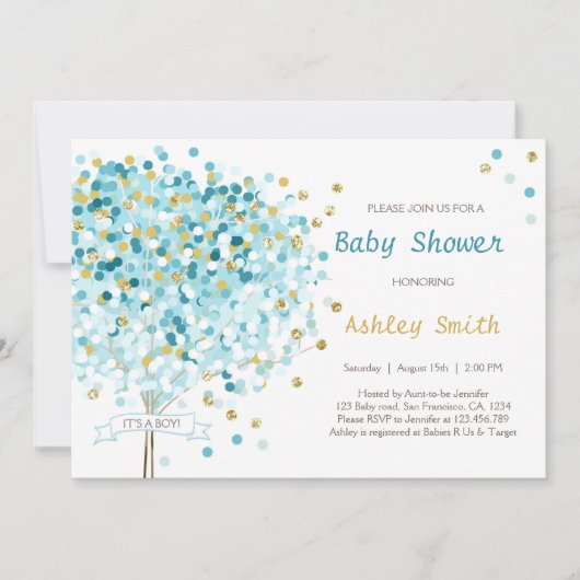 Confetti Tree Baby shower Invitation Boy Blue Gold Kaart (Voorkant)