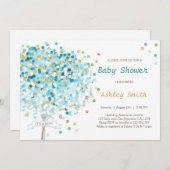 Confetti Tree Baby shower Invitation Boy Blue Gold Kaart (Voorkant / Achterkant)