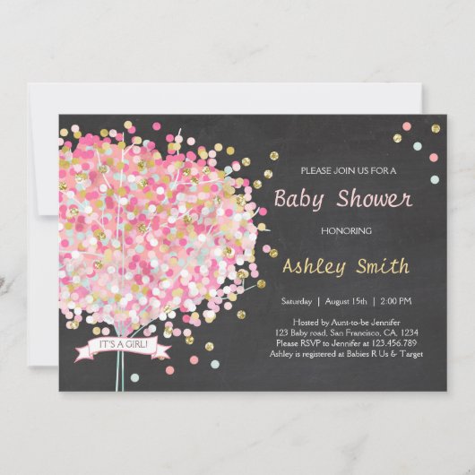 Confetti Tree Baby shower Invitation Pink Gold Kaart (Voorkant)