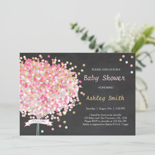 Confetti Tree Baby shower Invitation Pink Gold Kaart (Staand voorkant)