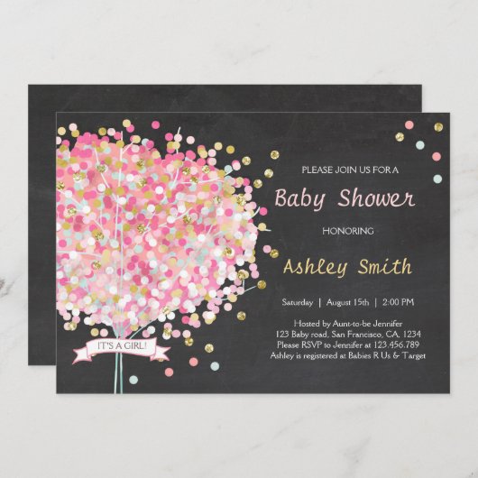 Confetti Tree Baby shower Invitation Pink Gold Kaart (Voorkant / Achterkant)