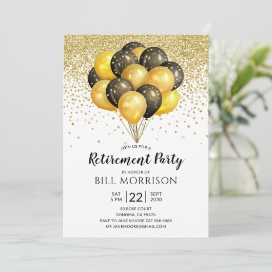 Confetti van gouden zwarte ballonnen bij pensioner kaart (Staand voorkant)
