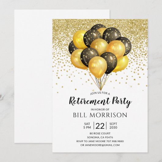 Confetti van gouden zwarte ballonnen bij pensioner kaart (Voorkant / Achterkant)