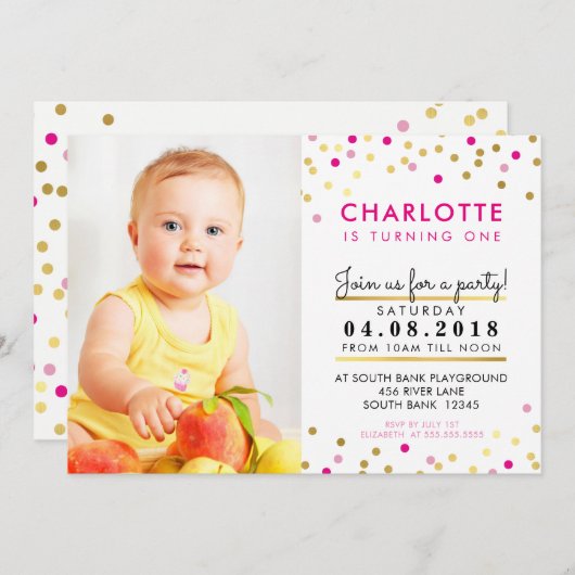 CONFETTI verjaardagsfeest INVITE roze gouden spot Kaart (Voorkant / Achterkant)