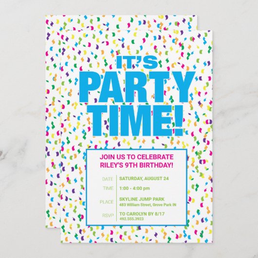 Confetti Verjaardagsfeest Uitnodiging, Leuk & Kleu Kaart (Voorkant / Achterkant)