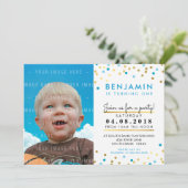 CONFETTI verjaardagsfeestje UITNODIGEN blauw goude Kaart (Staand voorkant)