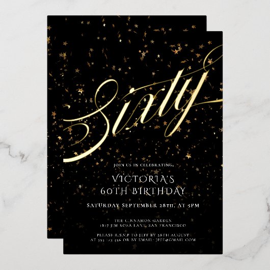 Confetti Zwart Goud Elegant 60e Verjaardag Folie Uitnodiging (Voorkant / Achterkant)