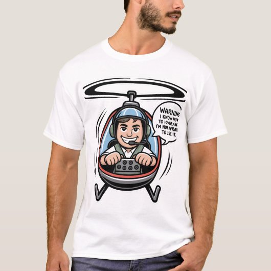Confident Helicopter Pilot Cartoon With Hover Warn T-shirt (Voorkant)