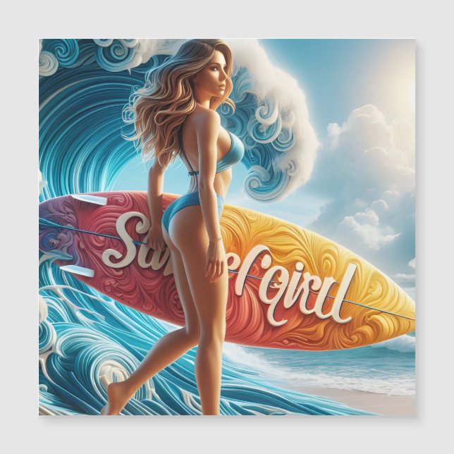 Confident Surfer Girl Walking Beach Waves Art (Voorkant)
