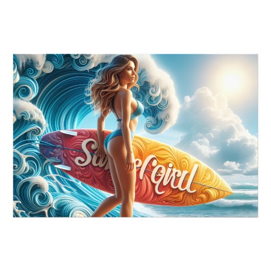 Confident Surfer Girl Walking Beach Waves Art Foto Afdruk (Voorkant)