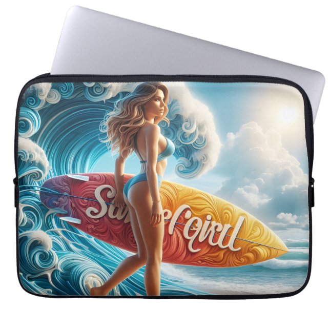 Confident Surfer Girl Walking Beach Waves Art Laptop Sleeve (Voorkant)
