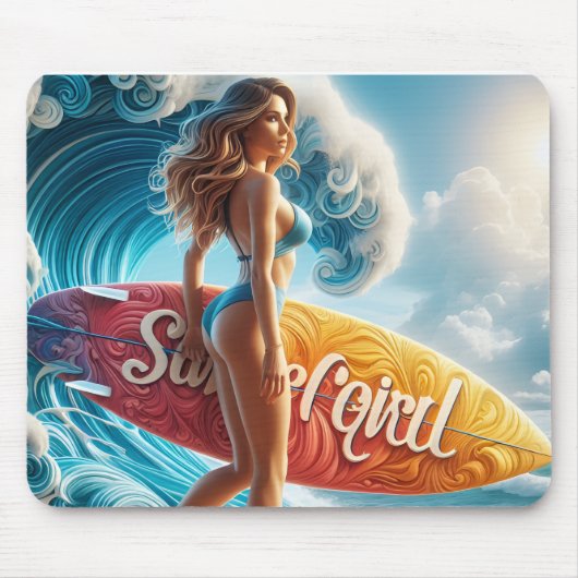 Confident Surfer Girl Walking Beach Waves Art Muismat (Voorkant)